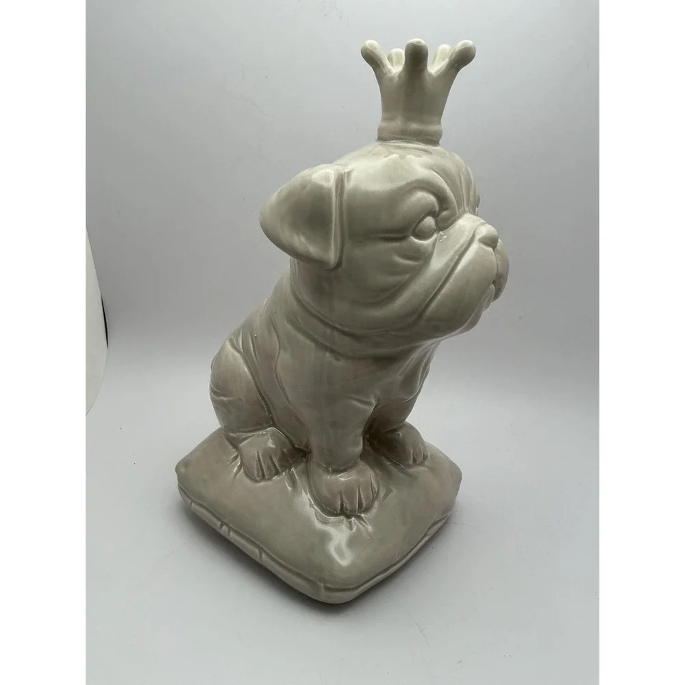 Ceramic British Bulldog with Crown Sitting On A Cushion, Glossy, Light‎ Gray
